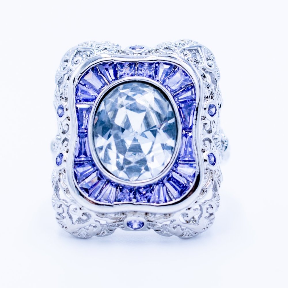 Amethyst and Clear Zircon in Silver Ring